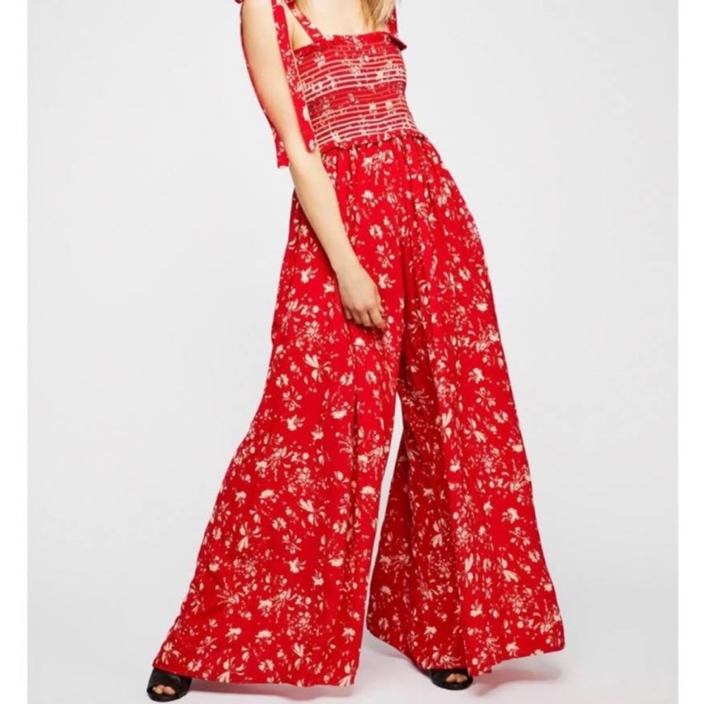 NWOT - Free People Red Smocked Tie Shoulder Floral Jumpsuit